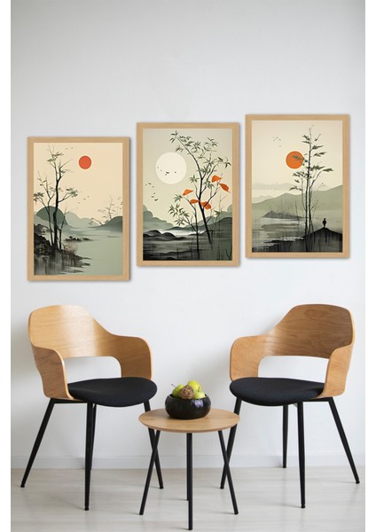 🌅 Uzak Doğu Esintili 3’lü Manzara Tablo Seti – Zen Ruhunu Duvarlarınıza Taşıyın CRVS1033 13 x 17 modelleri