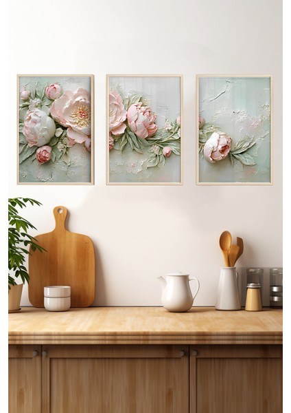 🖼️ Çerçeveli 3'lü Tablo Seti – Pembe Beyaz Çiçekler Desenli Mdf Uv Baskılı CRV1057 23 x 32