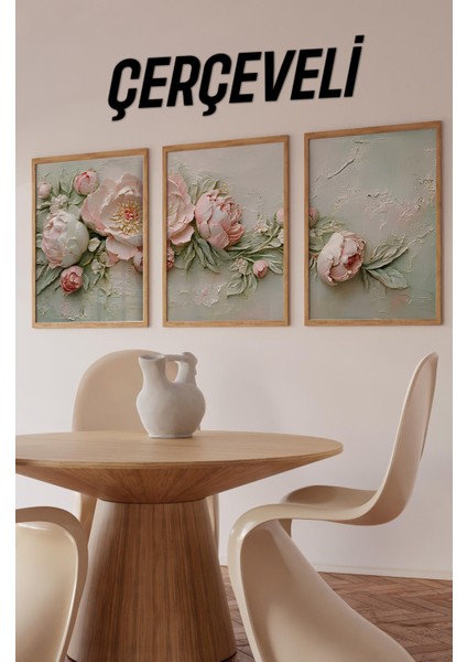 🖼️ Çerçeveli 3'lü Tablo Seti – Pembe Beyaz Çiçekler Desenli Mdf Uv Baskılı CRV1057 23 x 32 fiyatları