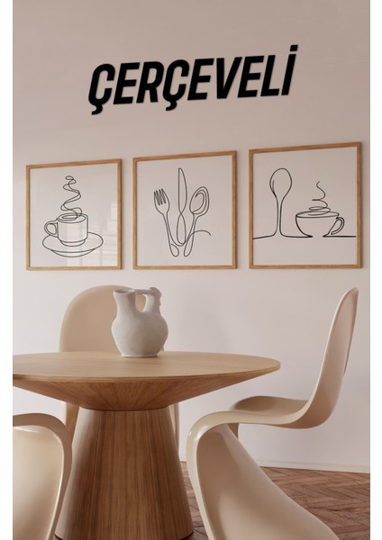 🏷️ 🍽️ Çizgisel Mutfak Temalı 3’lü Tablo Seti | Minimal Stil | Uv Baskı Mdf Ahşap Çerçeve KR4050 23 x 23