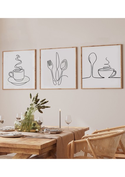 🏷️ 🍽️ Çizgisel Mutfak Temalı 3’lü Tablo Seti | Minimal Stil | Uv Baskı Mdf Ahşap Çerçeve KR4050 23 x 23 fiyatları