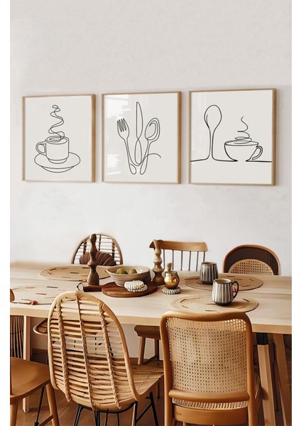 🏷️ 🍽️ Çizgisel Mutfak Temalı 3’lü Tablo Seti | Minimal Stil | Uv Baskı Mdf Ahşap Çerçeve KR4050 23 x 23 modelleri