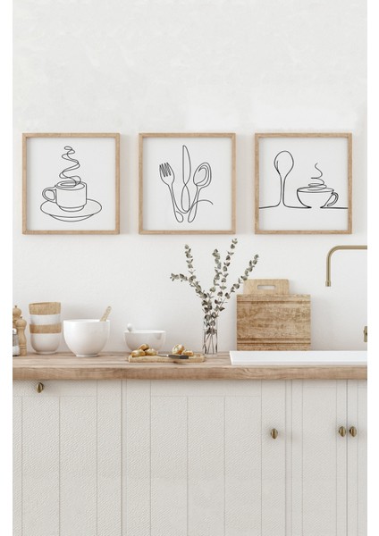 🏷️ 🍽️ Çizgisel Mutfak Temalı 3’lü Tablo Seti | Minimal Stil | Uv Baskı Mdf Ahşap Çerçeve KR4050 23 x 23 fırsatları