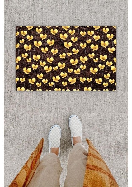 Dijital Baskı Dekoratif Çoklu Çiçek Kahverengi Kapı Önü Paspası K-1210