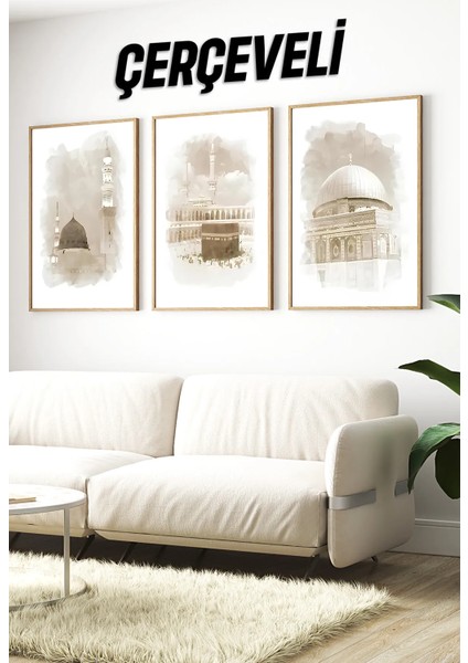 🕋 Islami 3'lü Tablo Seti – Mescid-I Nebevî, Kâbe ve Kubbetü’s-Sahra 🌙🌸 CRV1233 23 x 32