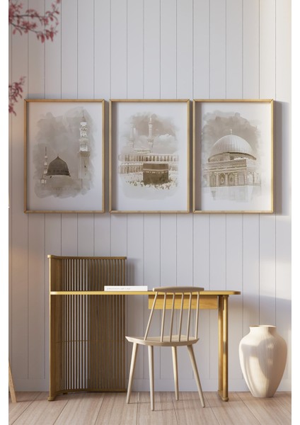 🕋 Islami 3'lü Tablo Seti – Mescid-I Nebevî, Kâbe ve Kubbetü’s-Sahra 🌙🌸 CRV1233 23 x 32 fiyatları