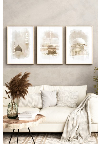 🕋 Islami 3'lü Tablo Seti – Mescid-I Nebevî, Kâbe ve Kubbetü’s-Sahra 🌙🌸 CRV1233 23 x 32 fırsatları