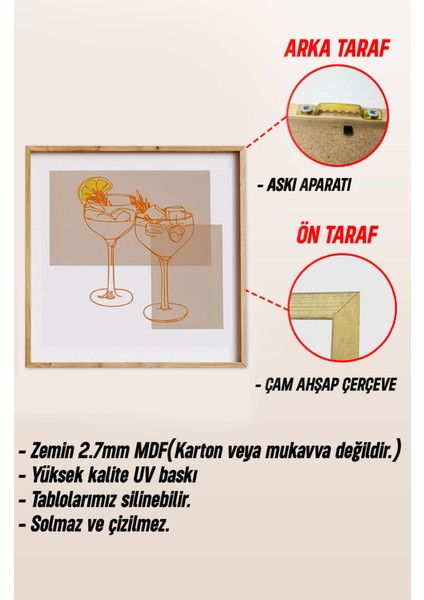 🍝🍋 Şık & Neşeli Garfik Çizimli 3'lü Mutfak Tablosu Seti – Spagetti 🍊 Limon 🍸 Kokteyl KR4063 23 x 23