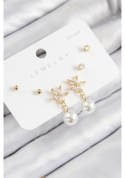 Pirinç Zirkon Taşlı Inci Sallantılı Çiçek Model Gümüş Renk 925 Ayar Gümüş Çivi Kadın Küpe Set - TJ-BKP11176