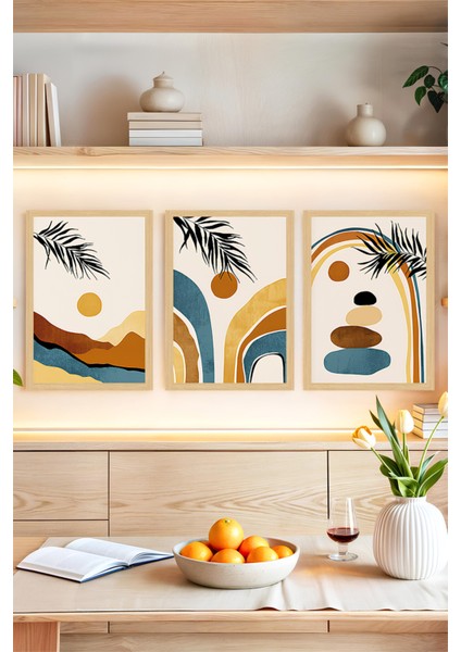 🌿 Bohem Renklerde Palmiye ve Soyut Manzara Temalı 3’lü Çerçeve Görünümlü Tablo Seti🌟 CRVS1177 13 x 17