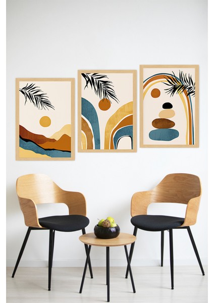 🌿 Bohem Renklerde Palmiye ve Soyut Manzara Temalı 3’lü Çerçeve Görünümlü Tablo Seti🌟 CRVS1177 13 x 17 modelleri