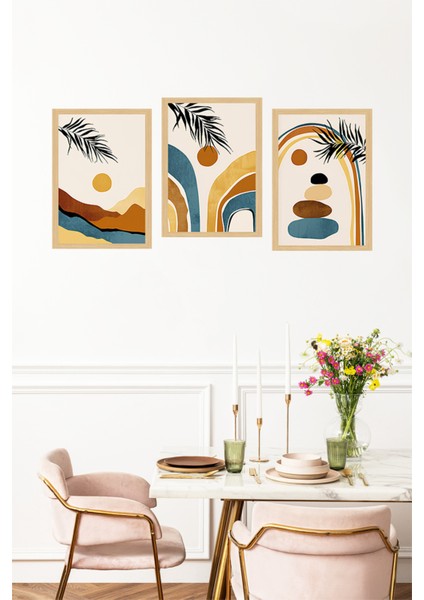 🌿 Bohem Renklerde Palmiye ve Soyut Manzara Temalı 3’lü Çerçeve Görünümlü Tablo Seti🌟 CRVS1177 13 x 17 fırsatları