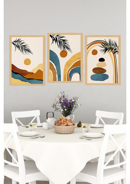 🌿 Bohem Renklerde Palmiye ve Soyut Manzara Temalı 3’lü Çerçeve Görünümlü Tablo Seti🌟 CRVS1177 13 x 17 indirimleri