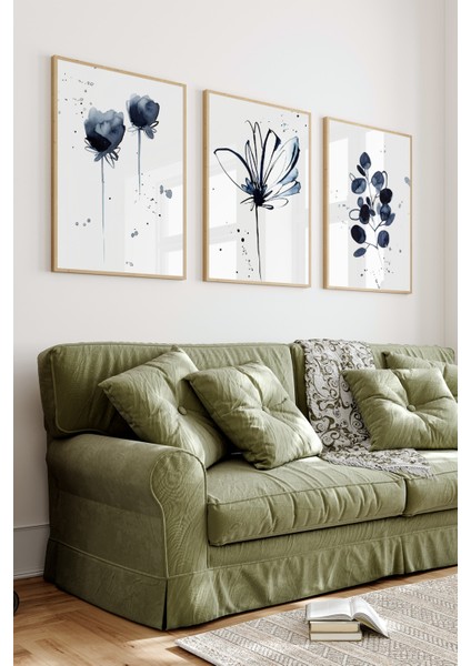 🌿 Mavi Suluboya Tarzı Çiçekler Temalı 3’lü Ahşap Çerçeveli Tablo Seti CRV1041 23 x 32