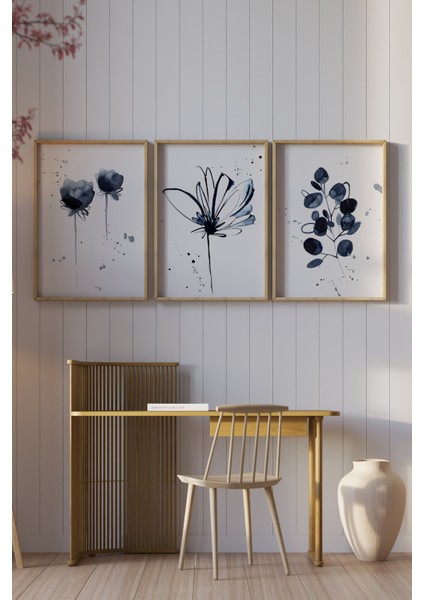 🌿 Mavi Suluboya Tarzı Çiçekler Temalı 3’lü Ahşap Çerçeveli Tablo Seti CRV1041 23 x 32 fiyatları