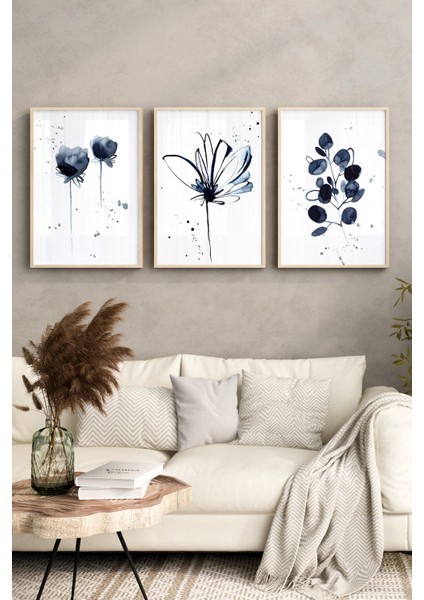 🌿 Mavi Suluboya Tarzı Çiçekler Temalı 3’lü Ahşap Çerçeveli Tablo Seti CRV1041 23 x 32 fırsatları