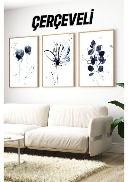 🌿 Mavi Suluboya Tarzı Çiçekler Temalı 3’lü Ahşap Çerçeveli Tablo Seti CRV1041 23 x 32 indirimleri
