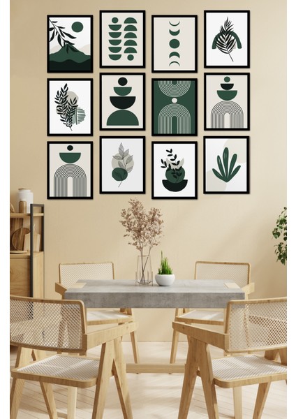 Dekorize Mdf Tablo Seti 12 Parça - Yeşil Boho Salon Oturma Odası Için Duvar Dekoru Çerçeve Görünümlü 13 x 17 Renkli