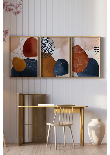 🌿 Geometrik Soyut Desenli 3’lü Ahşap Çerçeveli Tablo Seti🌿 CRV1127 23 x 32 fiyatları