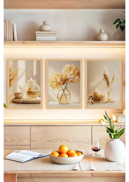 🌾 Doğal Tonlarda Mum, Çay ve Çiçek Temalı 3’lü Çerçeve Görünümlü Tablo Seti 🌾🌟 CRVS1168 13 x 17