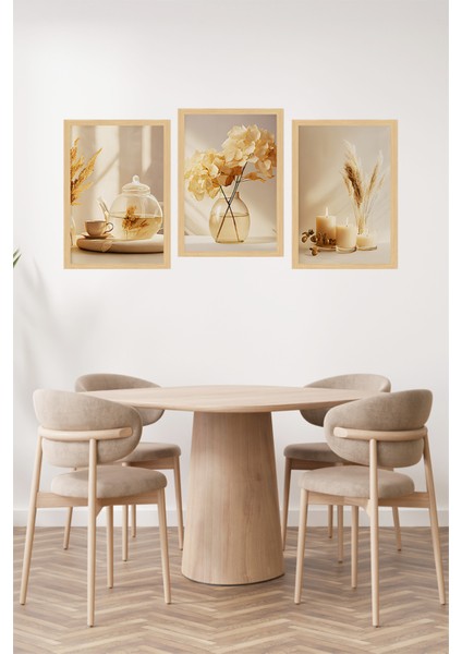 🌾 Doğal Tonlarda Mum, Çay ve Çiçek Temalı 3’lü Çerçeve Görünümlü Tablo Seti 🌾🌟 CRVS1168 13 x 17 fiyatları