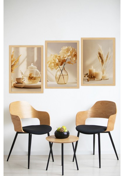 🌾 Doğal Tonlarda Mum, Çay ve Çiçek Temalı 3’lü Çerçeve Görünümlü Tablo Seti 🌾🌟 CRVS1168 13 x 17 modelleri
