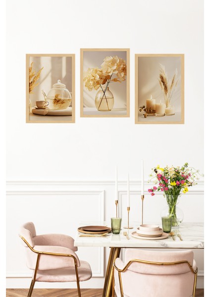 🌾 Doğal Tonlarda Mum, Çay ve Çiçek Temalı 3’lü Çerçeve Görünümlü Tablo Seti 🌾🌟 CRVS1168 13 x 17 fırsatları