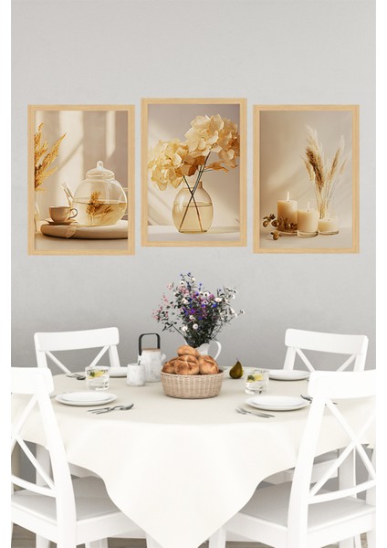 🌾 Doğal Tonlarda Mum, Çay ve Çiçek Temalı 3’lü Çerçeve Görünümlü Tablo Seti 🌾🌟 CRVS1168 13 x 17 indirimleri