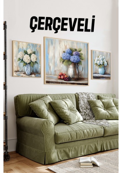 🌸 Zarif Ortanca Çiçekli Vazo Temalı 3’lü Dekoratif Mdf Tablo Seti (23X23 cm & 42X42 Cm) 4242122 42 cm