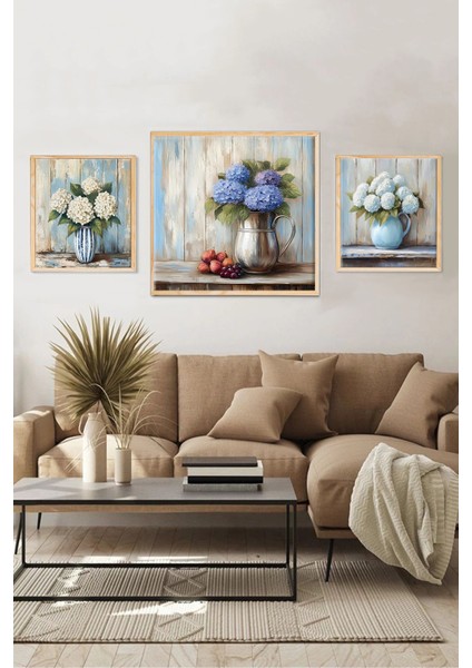 🌸 Zarif Ortanca Çiçekli Vazo Temalı 3’lü Dekoratif Mdf Tablo Seti (23X23 cm & 42X42 Cm) 4242122 42 cm fiyatları