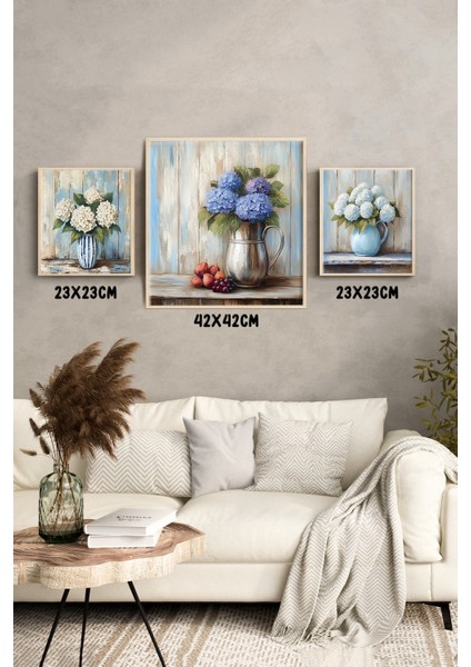 🌸 Zarif Ortanca Çiçekli Vazo Temalı 3’lü Dekoratif Mdf Tablo Seti (23X23 cm & 42X42 Cm) 4242122 42 cm modelleri