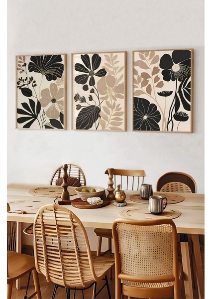 🖼️ Siyah ve Bej Çiçek Desenli Modern 3’lü Mdf Tablo Seti CRV1065 23 x 32 fiyatları
