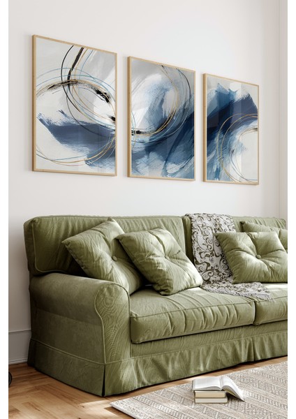 🎨 Lacivert ve Altın Tonlarında Modern Soyut 3’lü Çerçeveli Tablo Seti | Uv Baskılı CRV1056 23 x 32