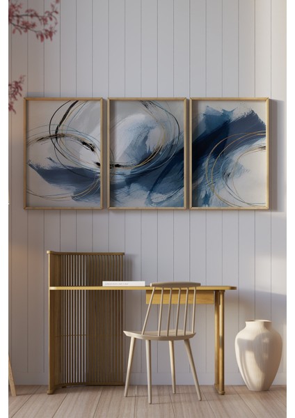🎨 Lacivert ve Altın Tonlarında Modern Soyut 3’lü Çerçeveli Tablo Seti | Uv Baskılı CRV1056 23 x 32 fiyatları