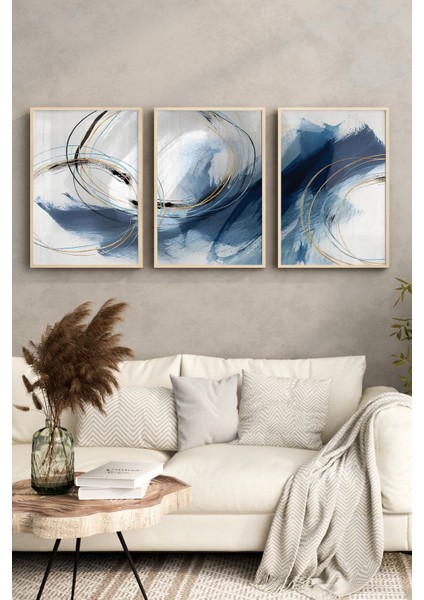 🎨 Lacivert ve Altın Tonlarında Modern Soyut 3’lü Çerçeveli Tablo Seti | Uv Baskılı CRV1056 23 x 32 fırsatları