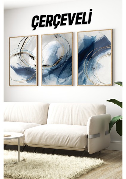 🎨 Lacivert ve Altın Tonlarında Modern Soyut 3’lü Çerçeveli Tablo Seti | Uv Baskılı CRV1056 23 x 32 indirimleri