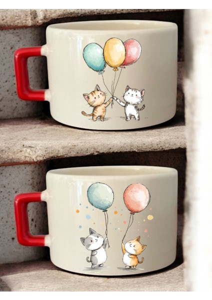 Balonlar Kedi Teması Baskılı 2'li Kahve Fincanı Seramik Kupa - Seramik Çay, Kahve Hediyelik Bardağı