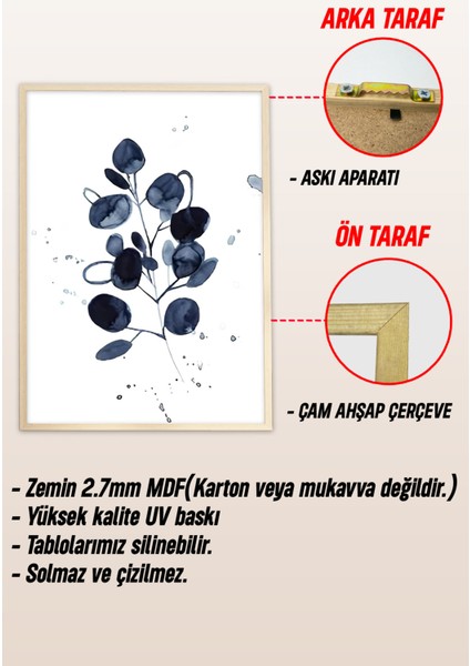 🌿 Mavi Suluboya Tarzı Çiçekler Temalı 3’lü Ahşap Çerçeveli Tablo Seti CRV1041 23 x 32
