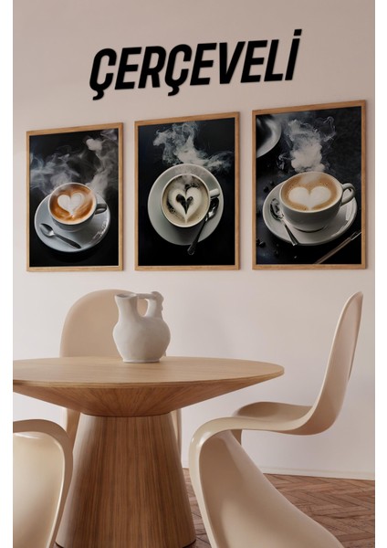 ☕ Buharlı Kalp Latte Desenli 3’lü Çerçeveli Mdf Tablo Seti – 3 Ebat Seçeneğiyle CRV1012 23 x 32