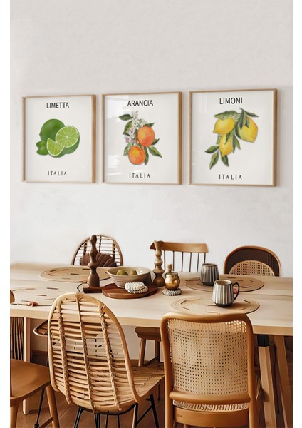 Italyan Meyve Temalı 3’lü Tablo Seti | Limetta – Arancia – Limoni | Uv Baskı Ahşap Çerçeve KR4044 23 x 23 modelleri