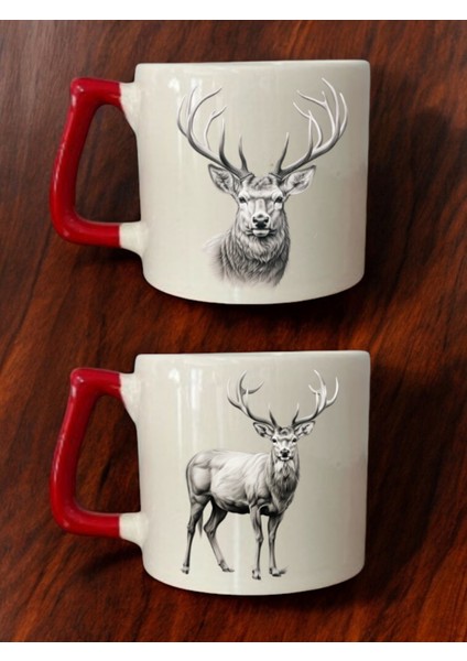 Geyik Çizimi Baskılı 2'li Kahve Bardağı Seramik Kupa - Seramik Çay, Kahve Hediyelik Bardağı