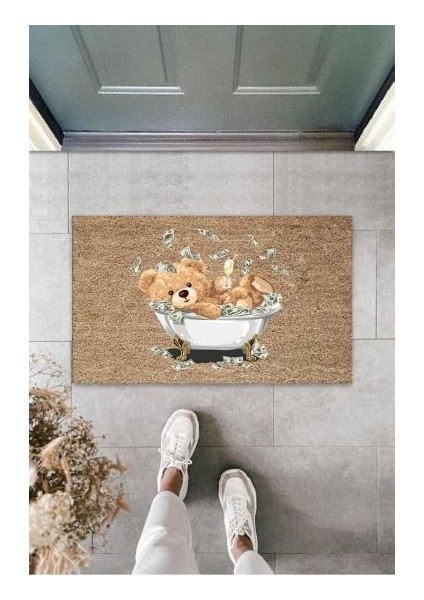 Dekoratif Dijital Para Küvetinde Ayıcık Bej Kapı Paspası Dış Mekan Paspas K-3191