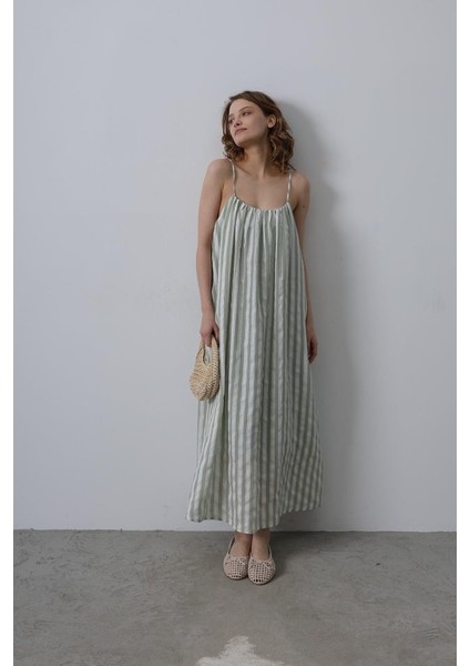 Askılı Çizgi Desen Elbise - Haki fırsatları