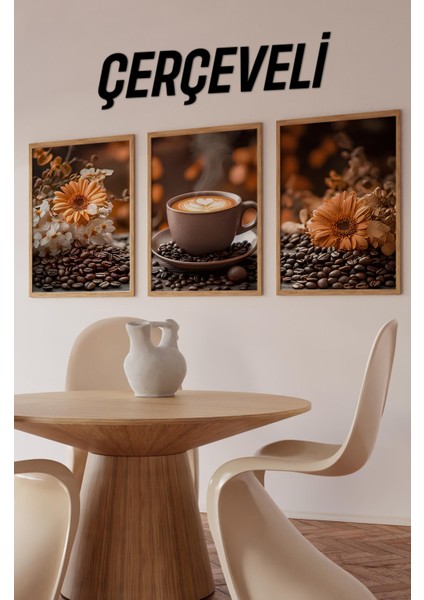 ☕ Çiçekli Kahve Keyfi – Ahşap Çerçeveli 3'lü Mdf Tablo Seti (23X32 | 32X42 | 42X62 cm ) CRV1017 23 x 32