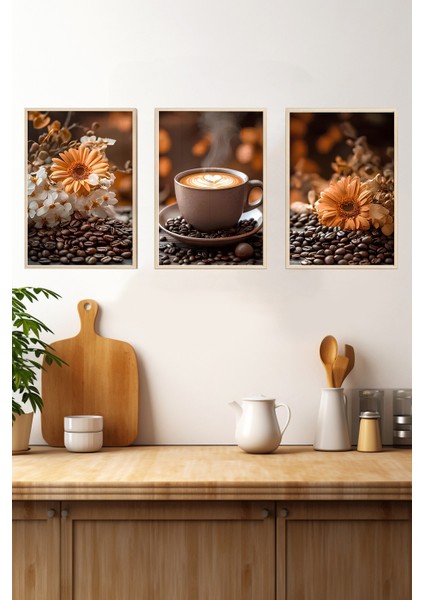 ☕ Çiçekli Kahve Keyfi – Ahşap Çerçeveli 3'lü Mdf Tablo Seti (23X32 | 32X42 | 42X62 cm ) CRV1017 23 x 32 fırsatları