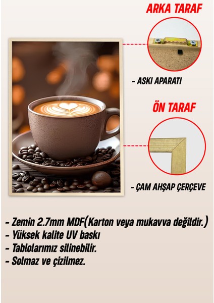 ☕ Çiçekli Kahve Keyfi – Ahşap Çerçeveli 3'lü Mdf Tablo Seti (23X32 | 32X42 | 42X62 cm ) CRV1017 23 x 32