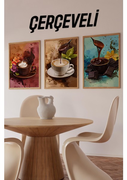 ☕ Çikolata ve Kahve Tutkusunu Yansıtan 3’lü Ahşap Çerçeveli Tablo Seti – Sanatsal Tasarım CRV1013 23 x 32