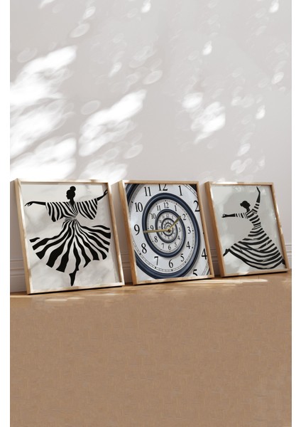 Bohem Tarz Çizgili Dansçı Saatli Tablo Seti – 3’lü Duvar Dekoru 23 x 23 fiyatları