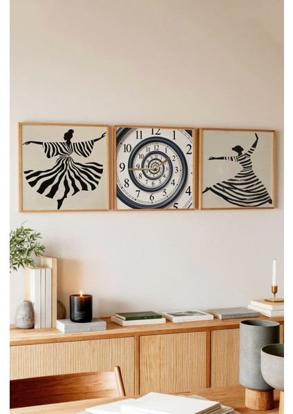 Bohem Tarz Çizgili Dansçı Saatli Tablo Seti – 3’lü Duvar Dekoru 23 x 23 modelleri