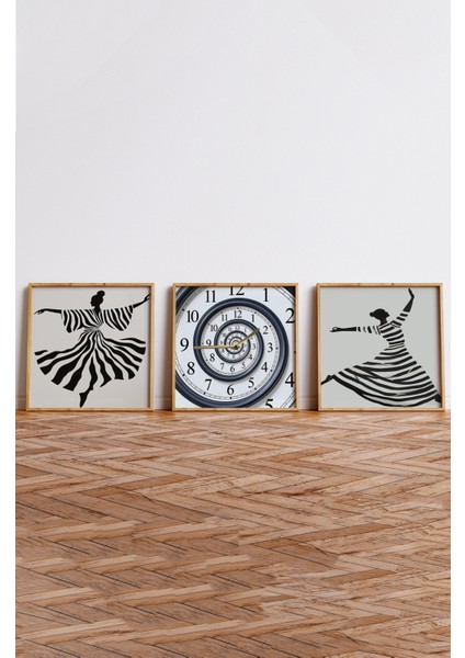 Bohem Tarz Çizgili Dansçı Saatli Tablo Seti – 3’lü Duvar Dekoru 23 x 23 fırsatları